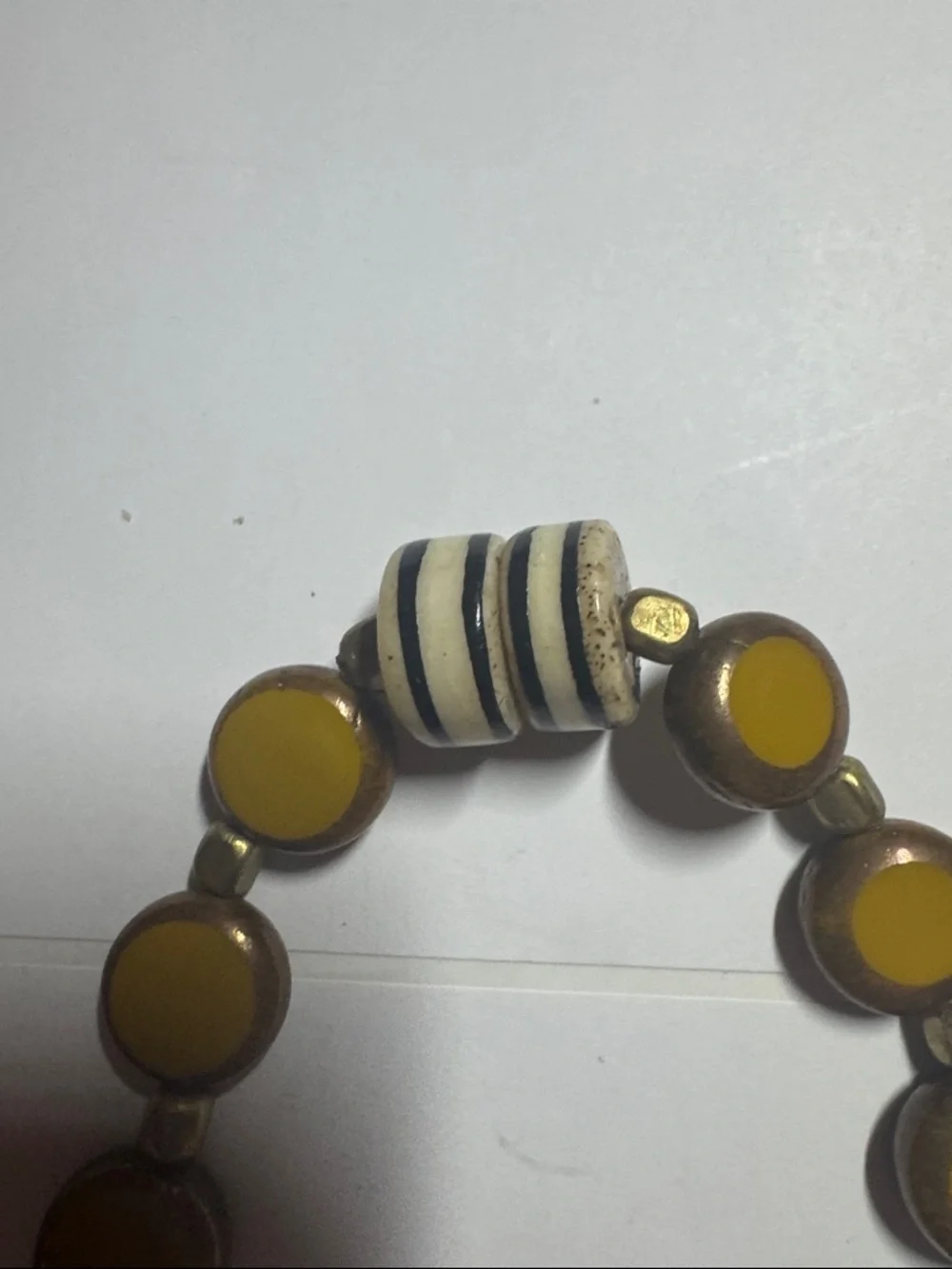 Handmade Mustard Yellow Beaded Stretch Bracelet with Striped Accent